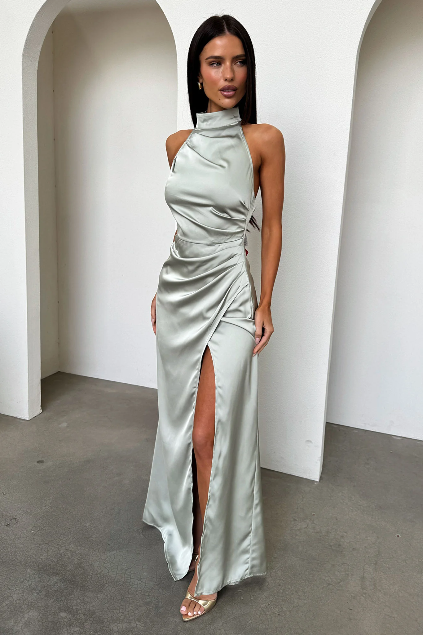 Arabelle High Neck Satin Maxi Dress - Sage - Image 5
