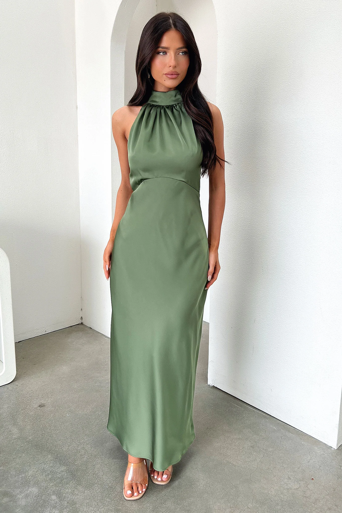 Daphne High Neck Maxi Dress - Olive - Image 5