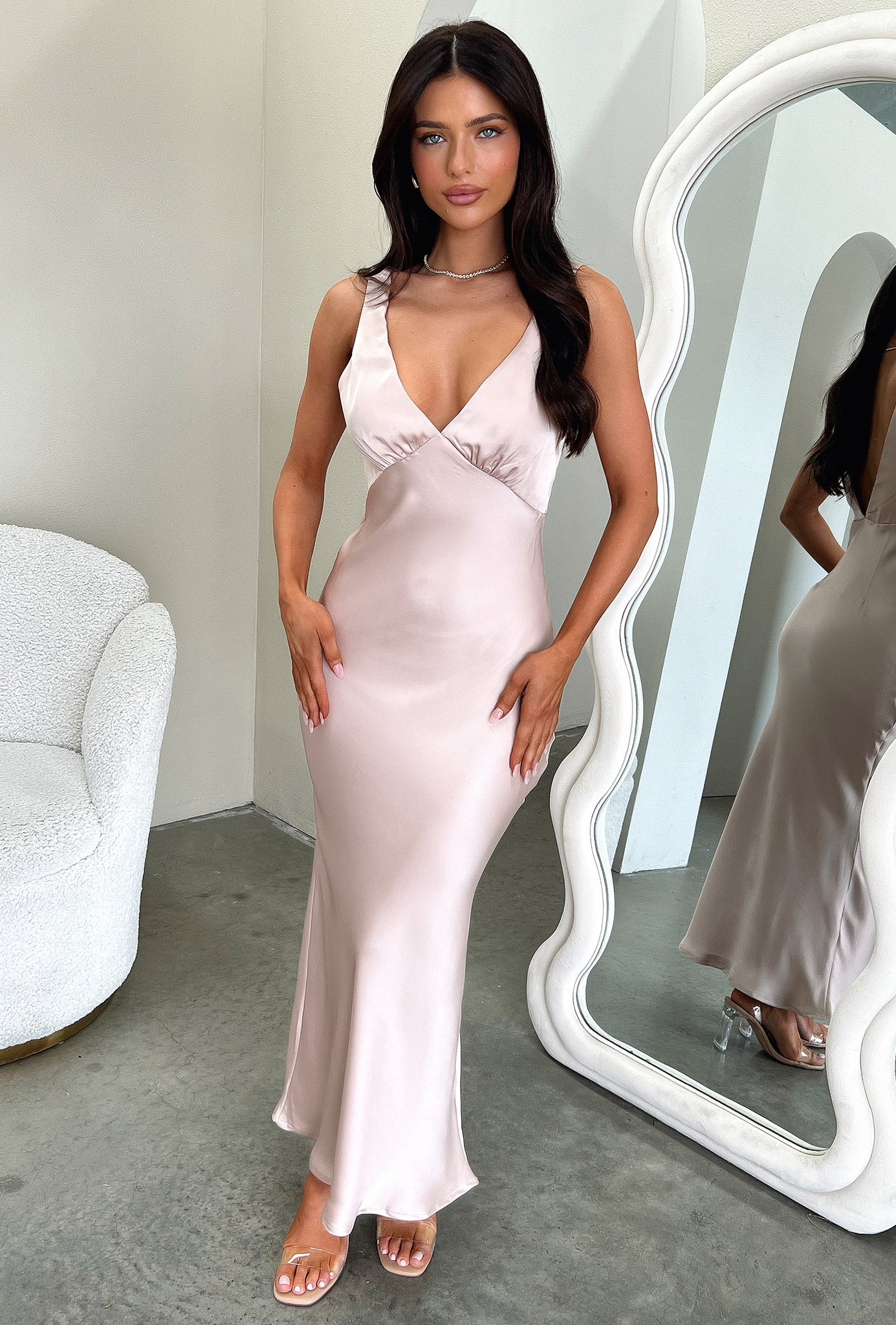 Delayne V-Neck Satin Midi Dress - Champagne - Image 5