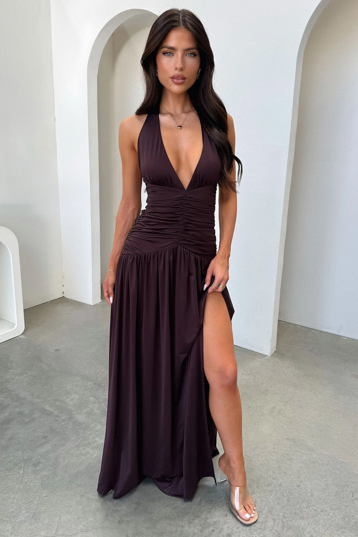 Ginevra Ruched Halter Maxi Dress - Brown - Image 2