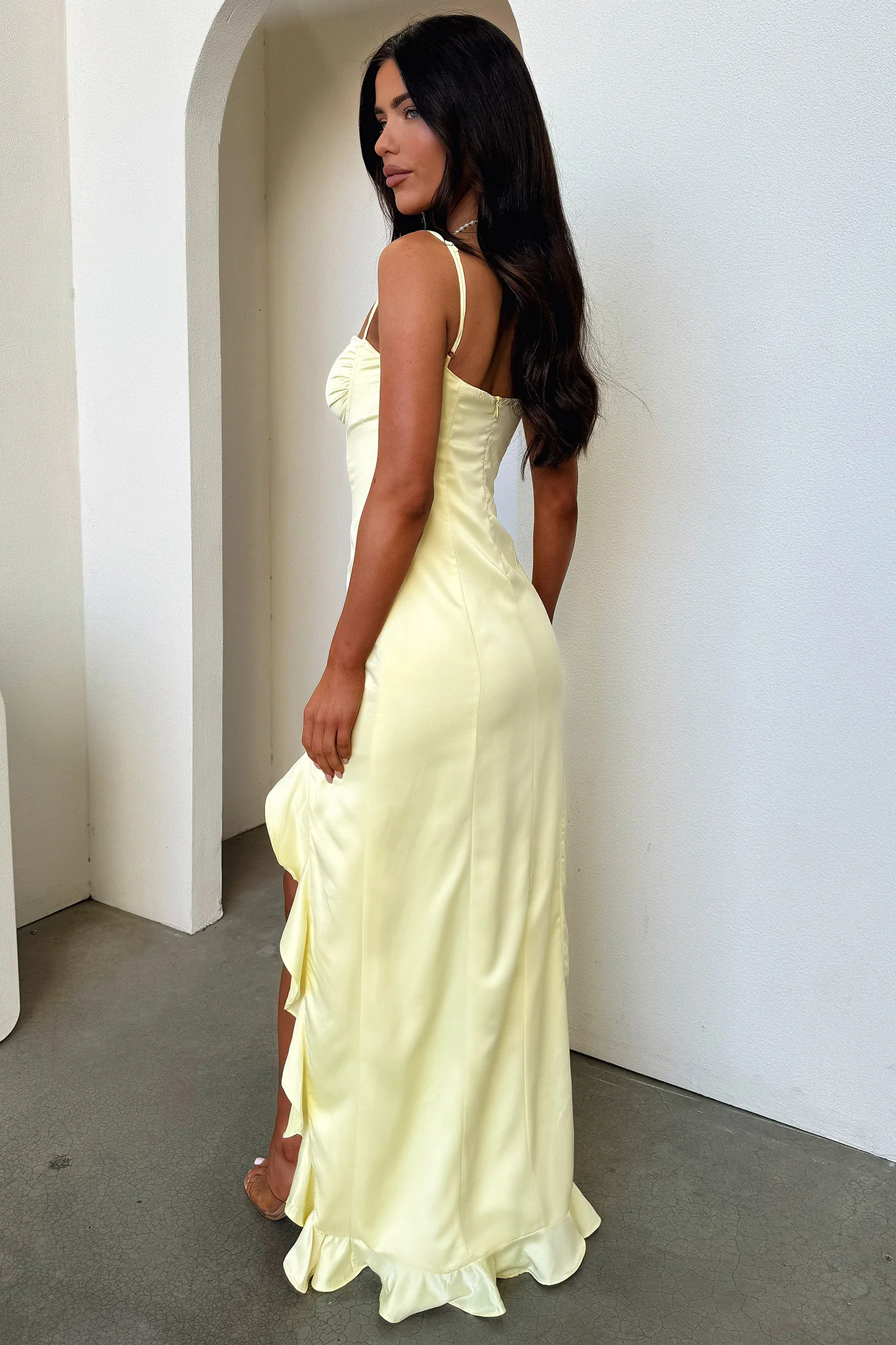 Lauren Ruffle Trim Satin Maxi Dress - Yellow - Image 5