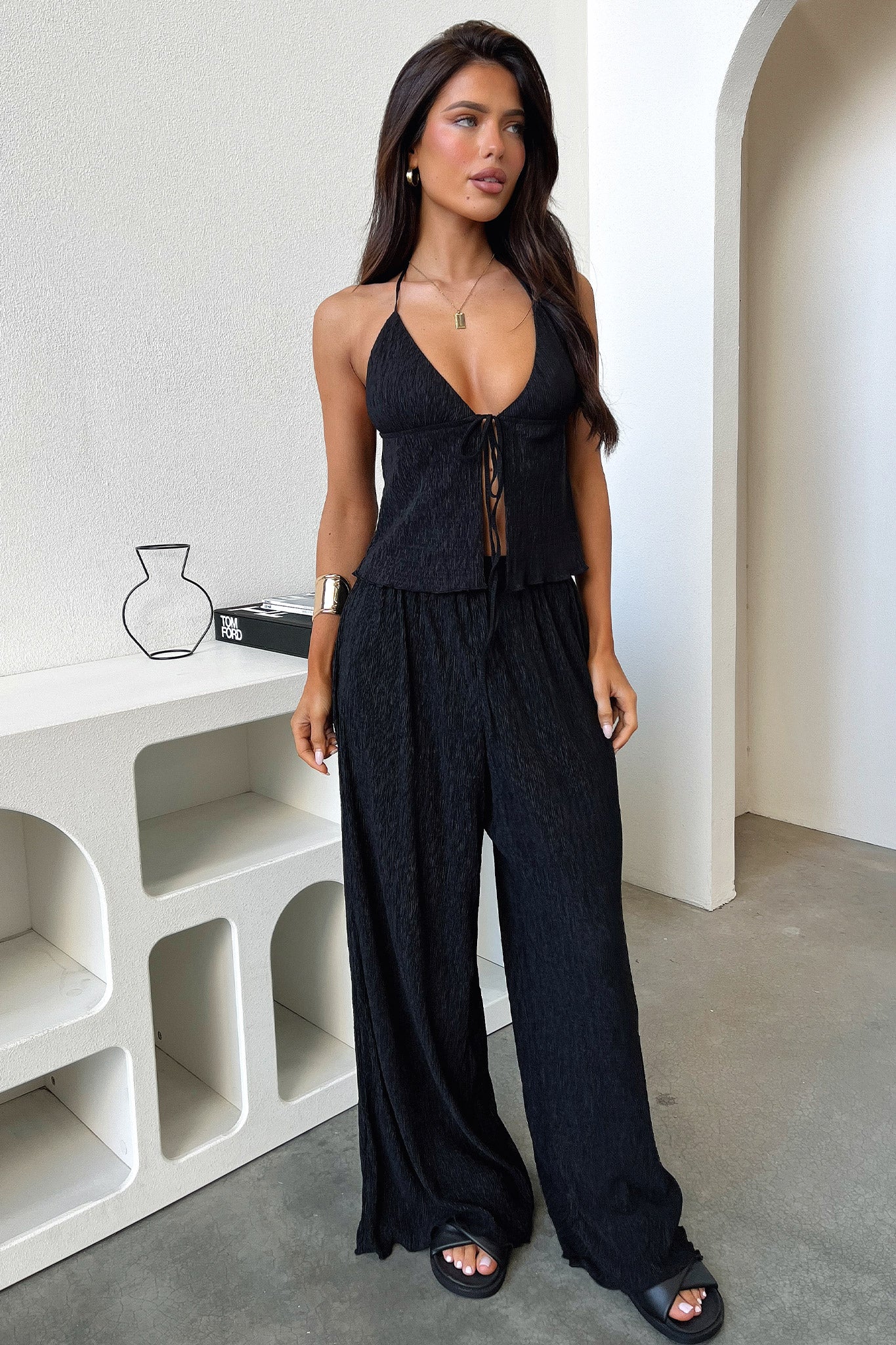Prisha Wide Leg Plisse Pants - Black - Image 6