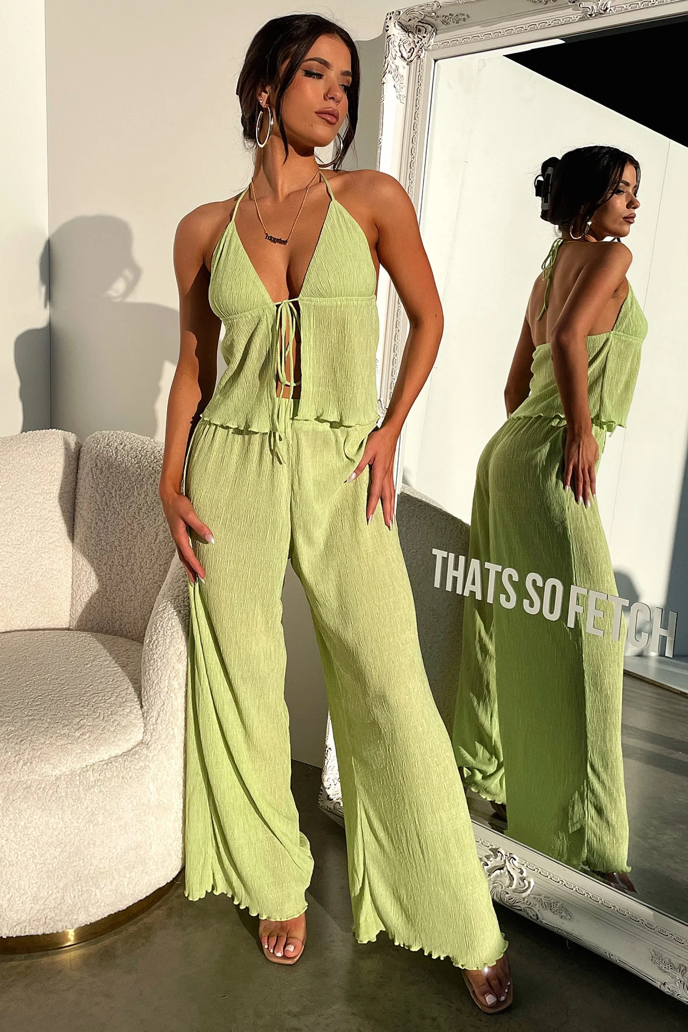 Prisha Wide Leg Plisse Pants - Green - Image 3