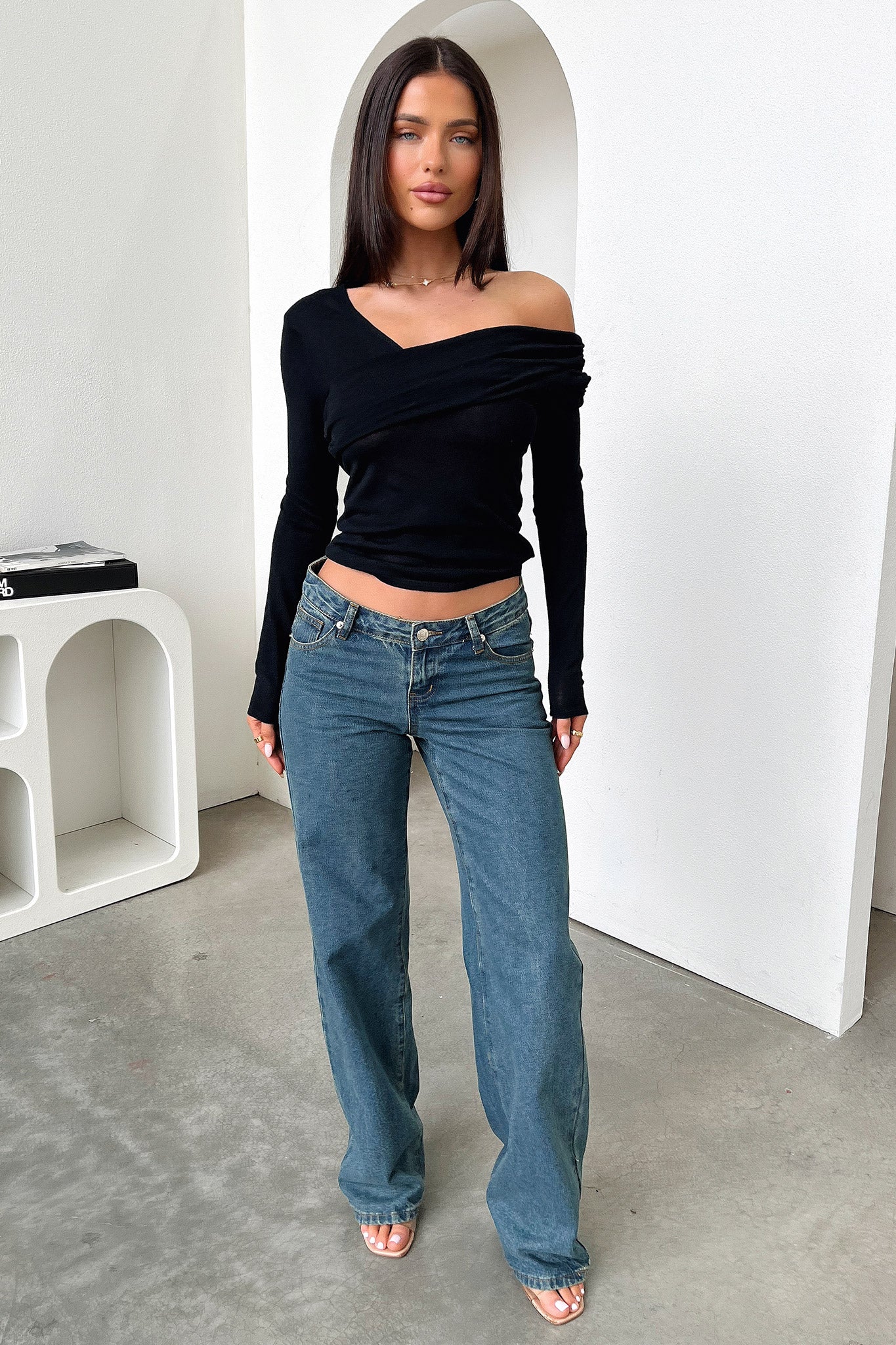 Rochelle Off Shoulder Long Sleeve Top - Black - Image 2