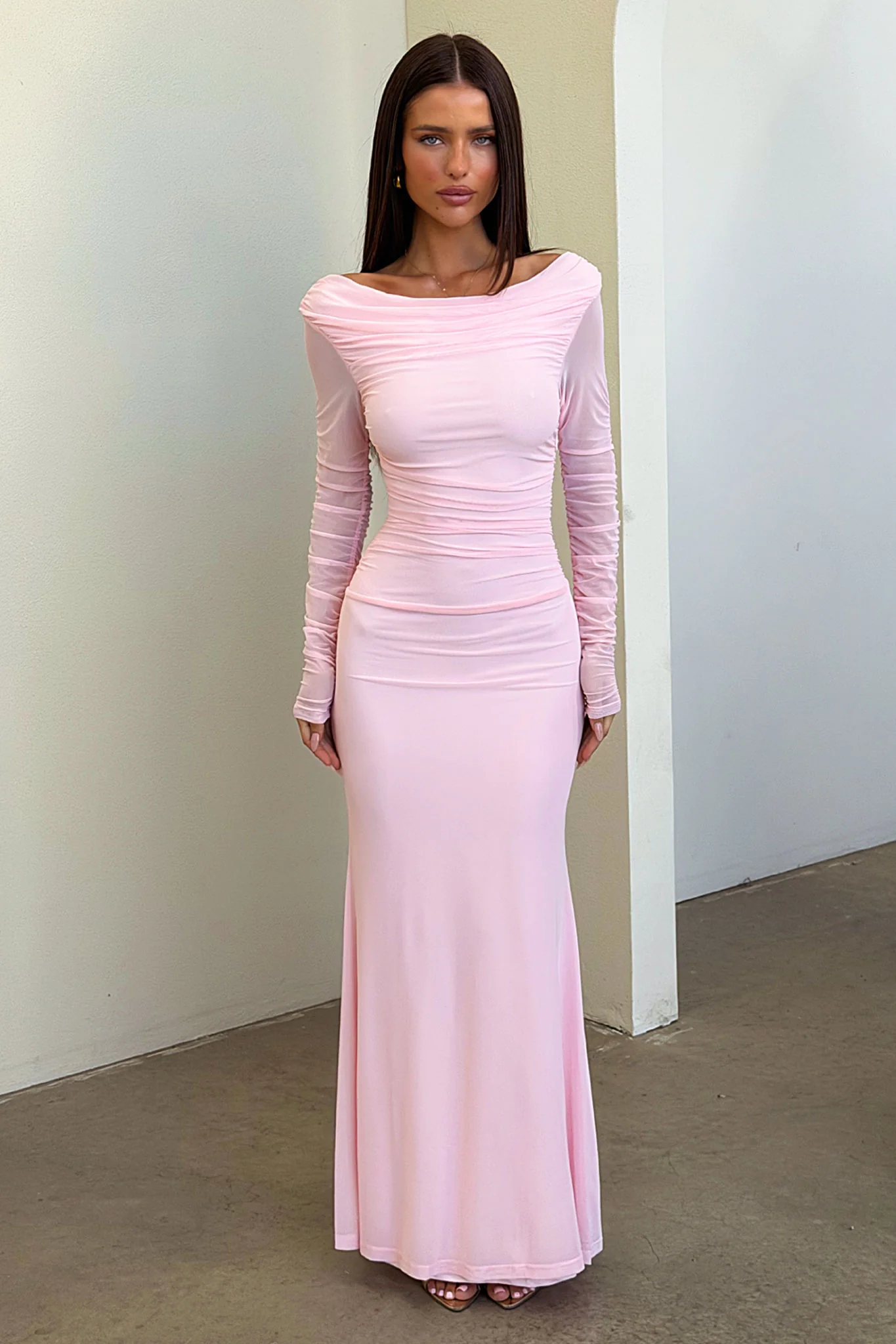 Rowan Long Sleeve Mesh Maxi Dress - Baby Pink - Image 4