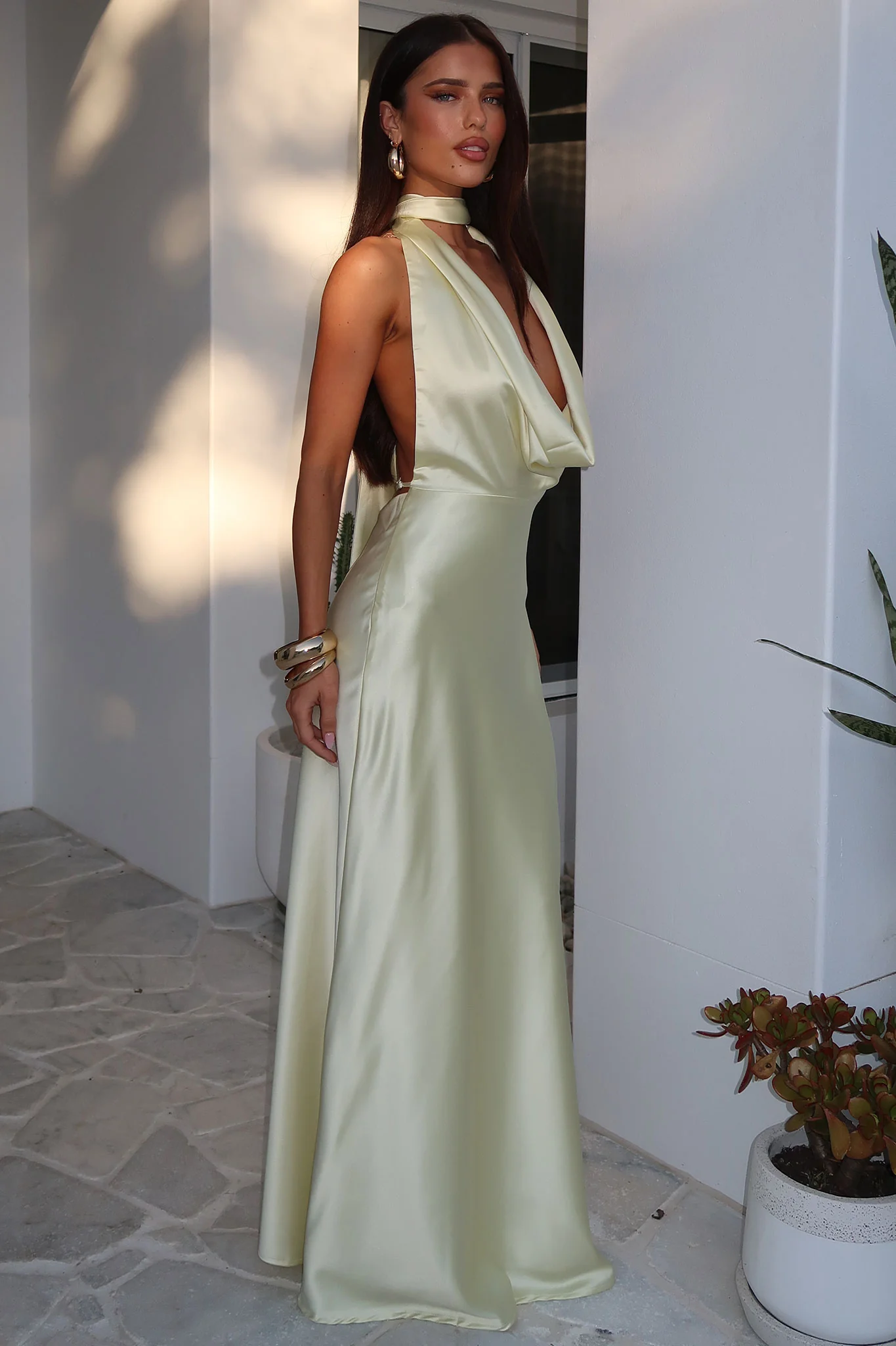 Zealand Plunge Halter Satin Maxi Dress - Yellow - Image 8
